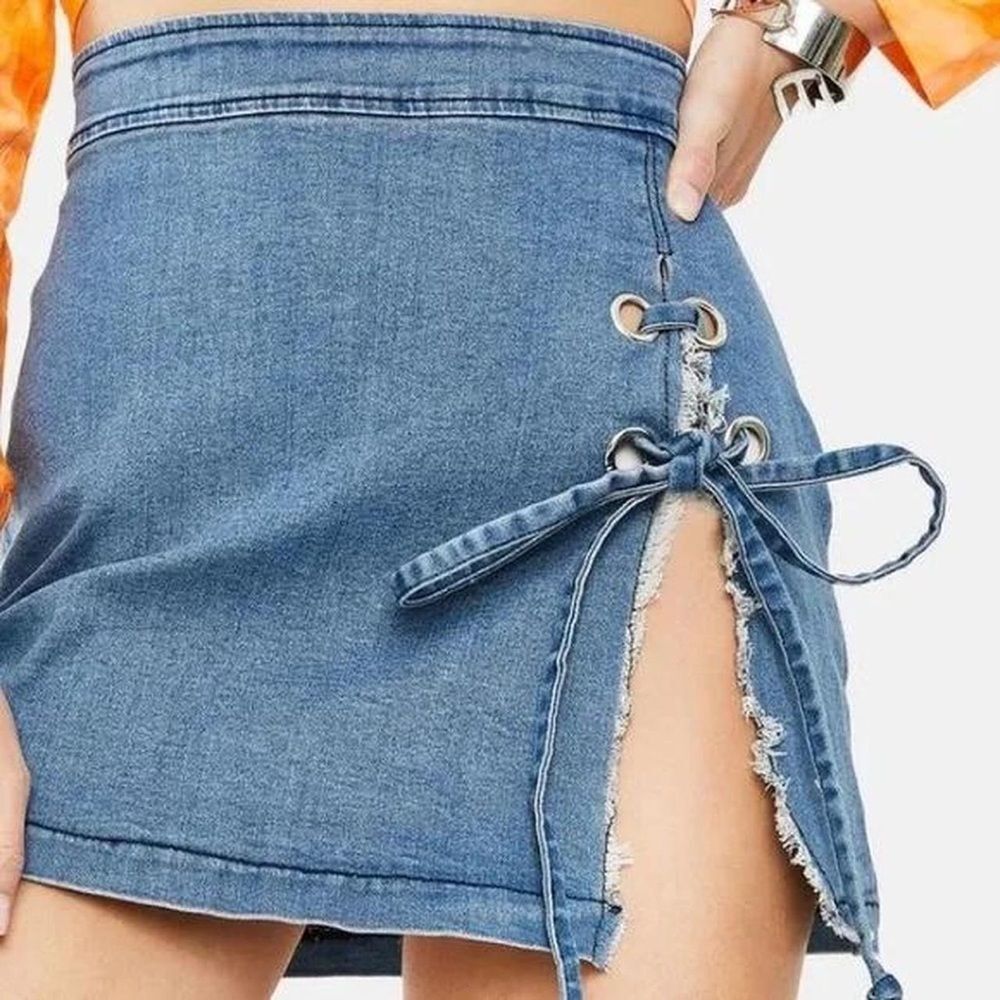 REVOLVE Denim Mini Skirt Lace-Up Detail S - Blue
